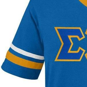 Royal Blue Women's <b>V</b> <b>Neck</b> Jersey <b>Shirt</b> with Gold <b>White</b> Sleeve Stripes ETP Letter Design Short Sleeve Athletic Sports Team - Product Image 5
