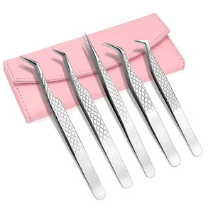 Professional Stainless Steel Eyelash Extension Tweezers Set Tips Anti-Slip Grip Handle Pink Storage <b>Case</b> for Salon Use - Product Image 1