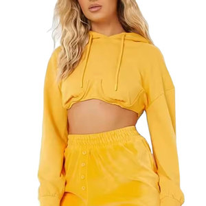 Women's <b>Pink</b> Hooded <b>Crop</b> <b>Top</b> Sweatshirt Full Sleeve Fleece Casual Solid Color Drop Shoulder Plain Dyed Pullover Hoodie - Product Image 4