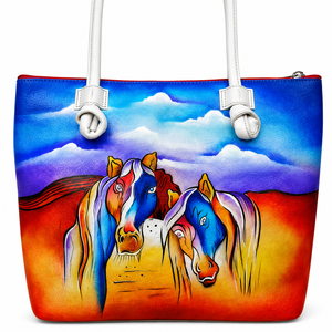 Hand Painted Genuine Leather Tote Bag Artisanal Horse Design Women's <b>Medium</b> Shoulder Bag Top Zip Closure Designer <b>Handbag</b> - Product Image 4
