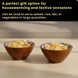 Ensemble de bols en bois légers faits à la main de style américain avec un bol intérieur à motifs floraux bleus et blancs pour servir des aliments lors de fêtes, utilisation domestique - Product Image 4