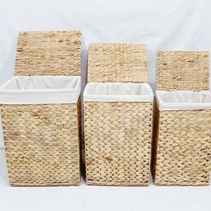 Hot Sales Handwoven Eco-Friendly Water Hyacinth <b>Rectangular</b> Trunk Set 3 Pcs Nesting <b>Storage</b> <b>Baskets</b> Fabric Liner - Product Image 3