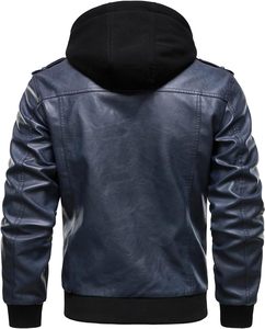 Men's Dark Blue PU <b>Leather</b> Moto <b>Jacket</b> Stand Collar Zipper Front Regular Fit Autumn Style - Product Image 3