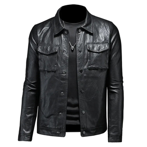 Chaqueta de Motociclista de Cuero Genuino para Hombre, Cuello Alto, Cierre de Cremallera, Corte Regular, Estilo Otoñal, Color Negro Sólido - Product Image 4