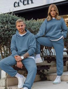 Ensemble de survêtement bleu à capuche pour homme 100 % coton, décontracté, couleur unie, respirant, poids moyen, pour l'automne - Product Image 6