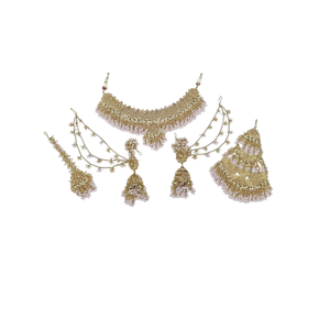 Mehandi Plated <b>Indian</b> Bridal <b>Jewelry</b> <b>Set</b> With Maang Tikka Necklace Earrings Ethnic Flower Pearl Rhinestone Wedding Party Wear - Product Image 1