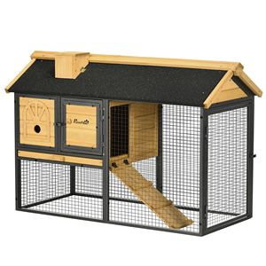 Conigliera Grande in Legno a 2 Piani da 47 Pollici per Esterni con Vassoio Rimovibile, Rampa e Recinto Giallo/Nero Taglia XXL - Product Image 1