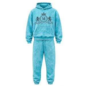 Conjunto Deportivo para Hombre, 100% Algodón, Lavado Ácido, Azul, 480 gsm, Alta Calidad, con Pedrería, Pantalones Largos con Cordón Ajustable, Ropa Casual - Product Image 3