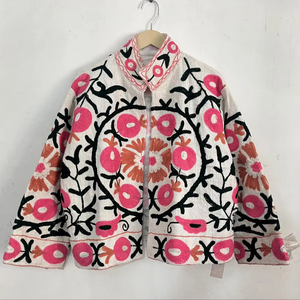 Handmade Suzani <b>White</b> Cotton <b>Jacket</b> Pink Floral Embroidered Bohemian Stand Collar Women <b>Short</b> Coat - Product Image 1