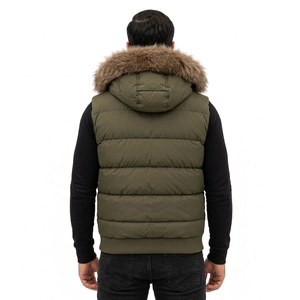 Men's Olive Green Hooded Puffer <b>Fur</b> <b>Trim</b> Zipper Closure Windproof Breathable Casual Winter Jacket Cotton Filled Streetwear - Product Image 4