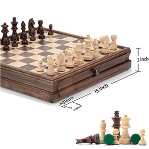 Jeu d'échecs de luxe en bois de 15 pouces avec tiroirs de rangement, pièces d'échecs Staunton en bois massif fabriquées à la main, plateau pliable classique, jeu d'échecs - Product Image 1