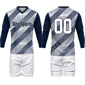 Uniforme de volley-ball sublimé bleu marine et blanc pour hommes, maillot à manches longues et short, vêtements de sport performants pour la compétition d'équipe - Product Image 1