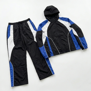 Custom Hooded Casual Two-Piece Strip <b>Zipper</b> Waterproof Eco-Friendly Nylon Windbreaker <b>Jacket</b> Track Pants Set Patchwork Design - Product Image 2