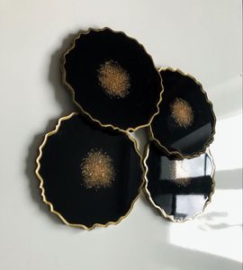 <b>Black</b> <b>Epoxy</b> <b>Resin</b> Coasters with Gold Flakes Round Shape Hand Painted Artistic Heat Resistant High Quality Home Decoration - Product Image 6