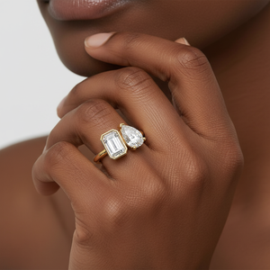 Современное кольцо «Ту-э-Му» с полным ободком, изумрудом и круглыми выращенными бриллиантами, 14-каратное золото, два камня, на заказ, для женщин, сертификат IGI - Product Image 2