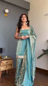 Designer Party Wear Thread And Sequence Work Fandy <b>Silk</b> Top With Plazzo And Fancy Dupatta Ready Made Suit Set - Product Image 2