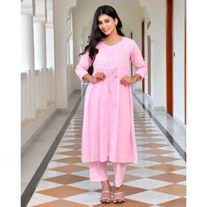 Ensemble coordonné décontracté en voile de coton rose, taille XS, tissu en mousseline, haut à manches trois-quarts, style élégant - Product Image 1