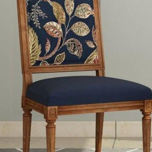 Luxury Handcrafted Solid Wood Dining Chair Square Leaf Print Backrest Navy Blue Upholstered <b>Seat</b> - Product Image 3