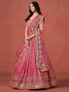 Pink Embroidered Organza Lehenga With <b>Sequined</b> Detailing V-Neck Short Sleeve Floor-Length Bridesmaid Dress A-Line Silhouette - Product Image 4