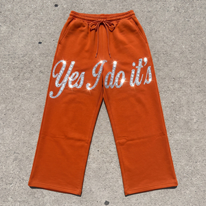 กางเกงวอร์มเอวกลางประดับเพชรแฟชั่นสตรีทแวร์ กางเกงขาบานประดับเพชร กางเกงนอนผ้าฟลีซ 500 GSM กางเกงวอร์มประดับเพชร - Product Image 1