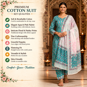 Traje Indio de Algodón con Estampado Floral Blanco y Azul para Mujer |   Salwar Kameez Punjabi de Alta Calidad con Estampado a Mano |   Conjunto de Ropa Casual Étnica - Product Image 6