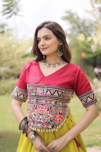 Lehenga Choli Tradicional Indio para Mujer, Largo Regular, Rojo y Amarillo, Bordado, Elástico, Sin Arrugas, para Todas las Temporadas, Holgado - Product Image 4