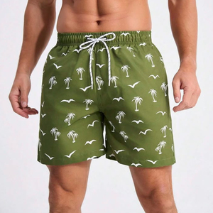 Shorts de Playa para Hombre con Estampado de Palmeras Verdes, Cintura Media, Cordón Ajustable, Traje de Baño de Tela Tejida, Shorts Casuales de Verano - Product Image 1