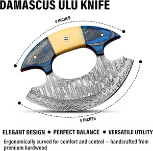 Cuchillo Ulu de acero de Damasco hecho a mano - Cuchillo Ulu con funda de cuero - Cuchillos multiusos para cortar pizza - Product Image 3