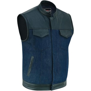 Custom <b>Men's</b> Denim & Genuine Leather Motorcycle Club Vest Stand Collar Snap Front Biker Riding <b>Waistcoat</b> OEM Manufacturer - Product Image 1