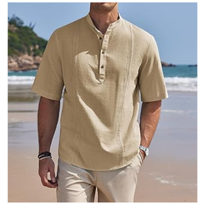 Camisa Henley de Lino y Algodón para Hombre, Manga Corta, Estilo Hippie, Cuello Camisero, Casual, para Playa, Verano - Product Image 3