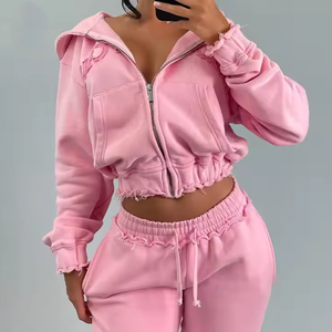 Women's <b>Pink</b> 2 Piece Hooded Zipper Sweatshirt And Sweatpants Set Casual Sporty Full Sleeve Loose Fit All Seasons Wear - Product Image 3
