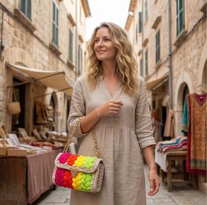 Bolso de Mano Trenzado Multicolor (Fluorescente) Hecho a Mano con Perlas, Bolso de Hombro Boho con Dos Correas, Tejido de Cordón de Algodón, Excelente Precio - Product Image 5