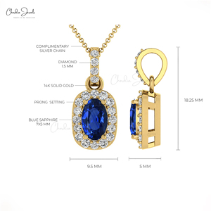 <b>Solid</b> 14k <b>Gold</b> Natural 7x5mm Oval Cut Blue Sapphire <b>Pendant</b> with Diamond Halo Handmade Statement Jewelry for Women Free Delivery - Product Image 4