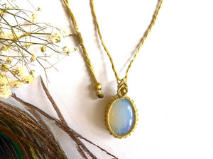 Handmade Macrame Blue Opal and Freshwater Pearl <b>Necklace</b> Oval Pendant Gold Cord Boho <b>Statement</b> Healing Jewelry Wholesale Gift - Product Image 3