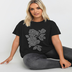 T-shirt ample pour femme en coton et élasthanne noir à clous floraux, manches courtes, col rond, ornements de haute qualité - Product Image 1