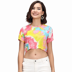 เสื้อครอปท็อปผู้หญิง ลายมัดย้อม แขนสั้น คอกลม ผ้าถัก สวมใส่สบายๆ สำหรับฤดูใบไม้ผลิและฤดูร้อน ผ้าฝ้าย 100% ระบายอากาศได้ดี แฟชั่นทันสมัย - Product Image 1