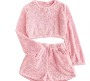 Nouvel Arrivage Ensemble 2 Pièces Femme Printemps-Été Uni en Polaire Corail à Manches Longues : Sweat-shirt Court et Short Doux - Product Image 6