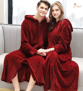 Zipper Padded Casual Summer Smooth Nightgown for Women and Men Warm <b>Coral</b> Velvet Bathrobe Home Wear Sleepwear - Product Image 1
