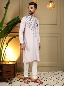 Kurta Pajama de Seda para Hombre, Estilo Tradicional, Largo hasta la Rodilla, de Alta Calidad, Cosido, para Uso Casual, Bodas y Fiestas - Product Image 2