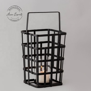 Modern Black <b>Grid</b> <b>Metal</b> Lantern with Glass Holder Perfect for Indoor Outdoor Decor Festive Ambience and Elegant Lighting - Product Image 1