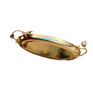 Standard Hand Hammered Design Table Decorative <b>Serving</b> <b>Tray</b> Best Quality <b>Gold</b> Metal <b>Tray</b> With Floral Accent Handle For Wedding - Product Image 1