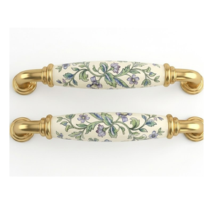 Luxury Floral Ceramic Brass <b>Drawer</b> Handle Decorative Cabinet <b>Pull</b> Premium Furniture Hardware for Wardrobes <b>Drawers</b> and Cabinets - Product Image 1