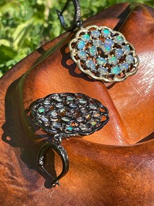 Natural <b>Opal</b> Round Dangle <b>Earrings</b> 925 Sterling Silver / Black Rhodium Gold Plated Large Boho Flower Drop Fancy Handmade <b>Earring</b> - Product Image 4