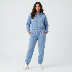Ensemble jogging et sweat à capuche court personnalisé pour femme, bleu ciel, en molleton doux, décontracté, pour la détente et le sport - Product Image 6