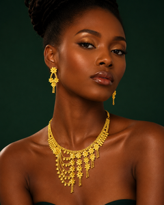 24K Gold Plated Floral Tassel Necklace Set for Women | African <b>Bridal</b> Jewelry | Dubai Style Wedding Necklace with Earrings - Product Image 3