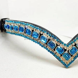 Banda de ceja de caballo de cuero acolchado en forma de V profundo con cadena de diamantes Aqua Blue Crystals banda de ceja de brida mega Bling - Product Image 6
