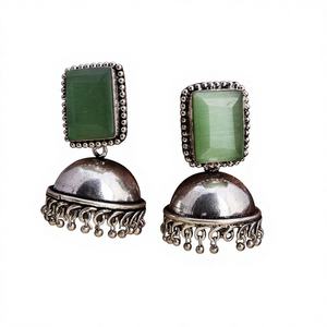 Oxidized Silver Green Monalisa Stone Pear Cut Zircon Brass Indian <b>Jhumka</b> <b>Earring</b> with Imitation Pearl for Women Gift - Product Image 5