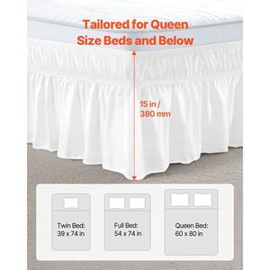 Gonna letto avvolgente bianca Queen Size con balza antipolvere da 15 pollici, facile da montare con cinghie elastiche, regolabile su tre lati, per uso domestico o alberghiero - Product Image 4