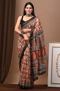 Sari de Seda Maheshwari Premium con Borde Dorado Zari y Estampado a Mano, Prenda Étnica Tradicional India - Product Image 2