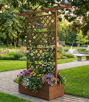 Grand treillis de jardin en bois artisanal pour l'extérieur avec bac à plantes et structure d'escalade pour fleurs et végétaux grimpants, fabriqué au Vietnam